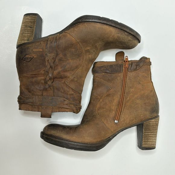 PLDM Palladium Leather Ankle Boots Womens 7.5 Stony CSR Heel Brown Booties Braid - Picture 7 of 14
